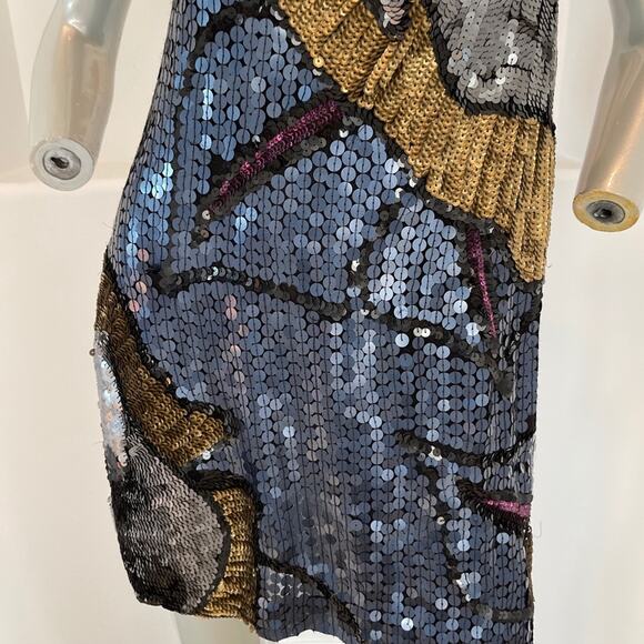 French Connection Navy Blue Gold Sequin Shift Mini Dress Cocktail Party Size 2 - Picture 6 of 15